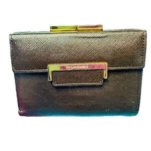 YSL YVES SAINT LAURENT Dark Brown Goldtone Saffiano Leather Kisslock Wallet Bag